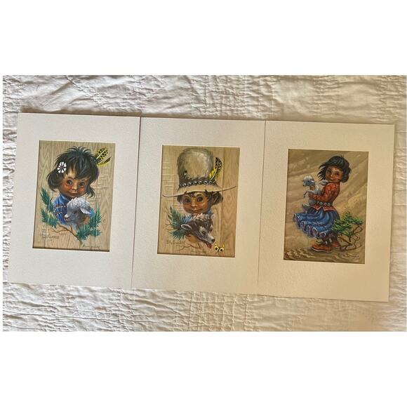 Vintage 70's Set 3 Indian Colored Lithographs Monte van Horn Monteague Flagg - Picture 1 of 7
